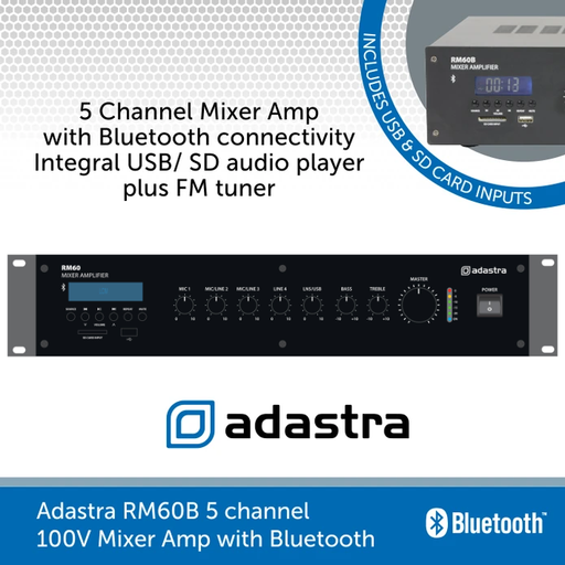 Adastra RM60 60W 100V Line Mixer Amplifier with Bluetooth & FM