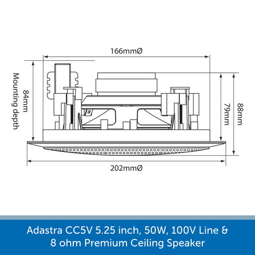 Showing the size of a Adastra CC5V 5.25 inch, 20W, 100V Line & 8 ohm Premium Ceiling Speaker