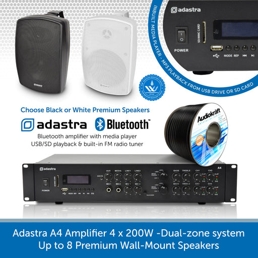 Adastra A4 Amplifier 4 x 200W with Premium Wall-Mount Speakers