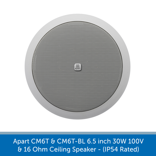 The Apart Audio CM6T & CM6T-BL 6.5 inch 30W 100V & 16 Ohm Ceiling Speaker available in white for black