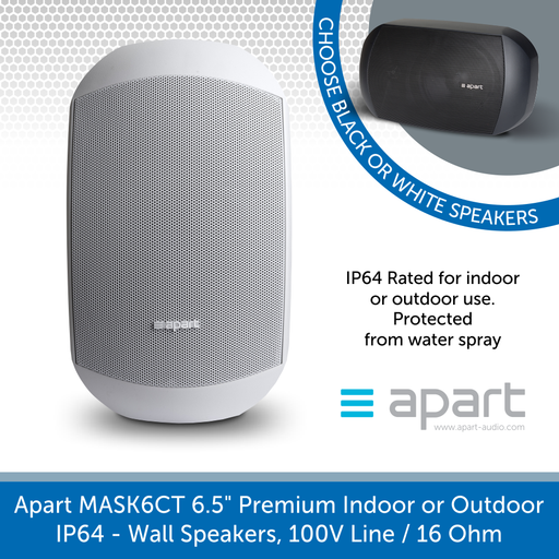 Apart Audio MASK6CT-W & MASK6CT-BL 6.5" Premium Indoor or Outdoor IP64 Wall Speakers, 100V Line / 16 Ohm