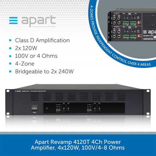 Apart Revamp 4240T 4Ch Power Amplifier, 4x240W or 2x480W, 100V/4-8 Ohms