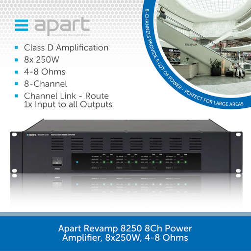 Apart Revamp 8250 8Ch Power Amplifier 8x250W or 4x500W, 4-8 Ohms