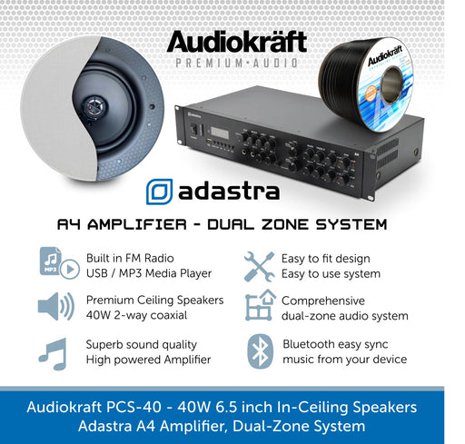 Audiokraft PCS-40 - 40W In-Ceiling Speakers & Adastra A4 Amplifier, Dual-Zone System