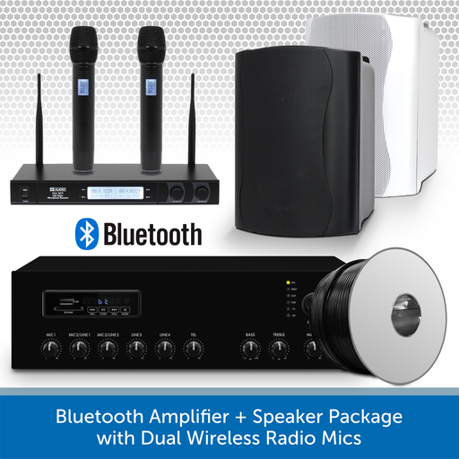 Bluetooth Amplifier + Speaker Package with Dual Wireless Radio Mics