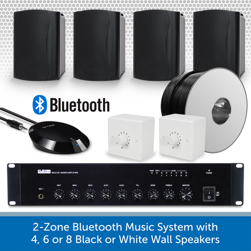 2-Zone Bluetooth & FM Music System with 4, 6 or 8 Black or White Wall Speakers