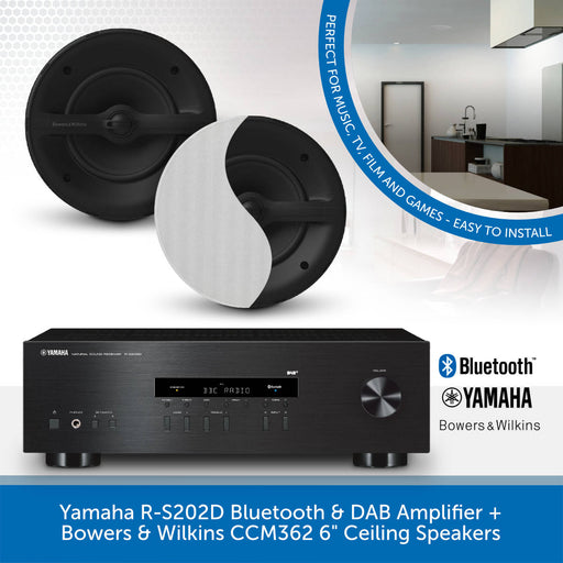 Yamaha R-S202D Bluetooth & DAB Amplifier + Bowers & Wilkins CCM362 6" Ceiling Speakers + Clarion Speaker Cable