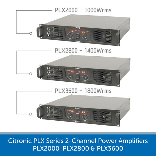 Showing the front of a Citronic PLX Series 2-Channel Power Amplifiers - PLX2000, PLX2800 & PLX3600