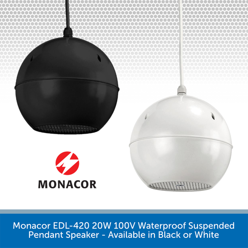 Monacor EDL-420 20W 100V Waterproof Suspended Pendant Speaker - Available in Black or White