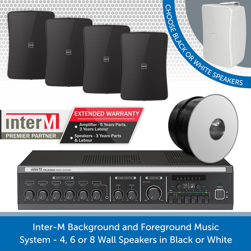 Inter-M Background and Foreground Music System - 4, 6 or 8 Wall Speakers in Black or White