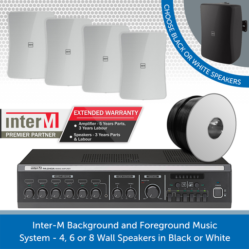 Inter-M Background and Foreground Music System - 4, 6 or 8 Wall Speakers in Black or White