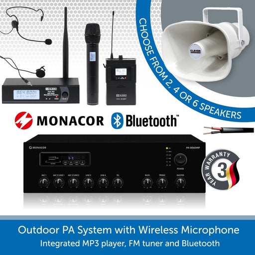 Outdoor PA Speaker System with Wireless Microphone and Weatherproof Horn Speakers