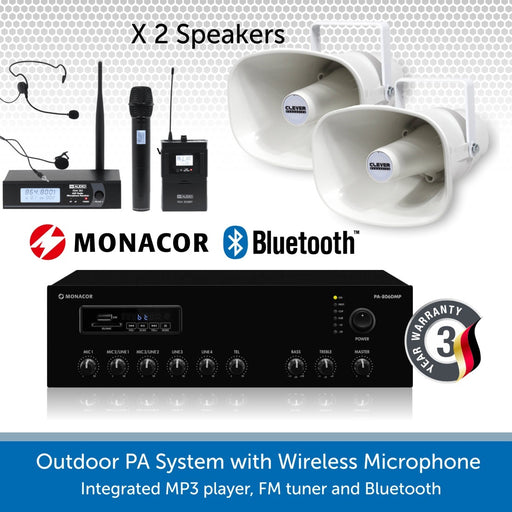 Outdoor PA Speaker Kit with Two Weatherproof Horn Speakers & Wireless Mic
