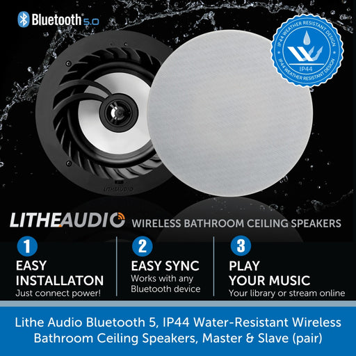 Lithe Audio Bluetooth 5, IP44 Water-Resistant Wireless Bathroom Ceiling Speakers, Master & Slave (pair)
