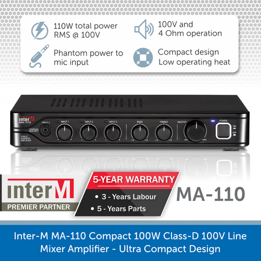 Inter-M MA-110 Compact 100W Class-D 100V Line Mixer Amplifier - Ultra Compact Design