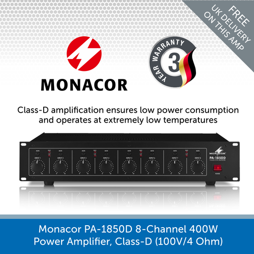 Monacor PA-1850D 8-Channel 400W Power Amplifier with Class-D Amplification