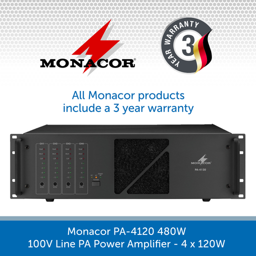 Monacor PA-4120 480W 100V Line PA Power Amplifier 
