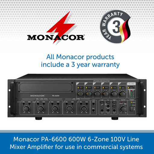Monacor PA-6600 600W 6-Zone 100V Line Mixer Amplifier for use in commercial sound systems