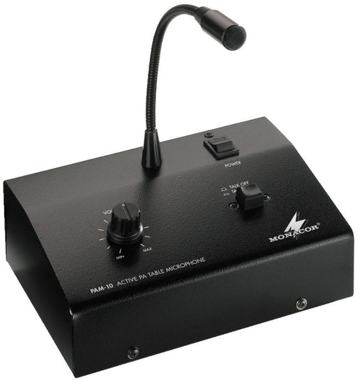 Monacor PAM-10 Desktop PA Amplifier with Paging Microphone perfect for Public Address and Tannoy Applications