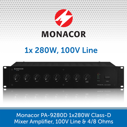 Monacor PA-928D 1x280W Class-D Mixer Amplifier, 100V Line & 4/8 Ohms
