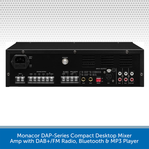 Monacor PA-812DAP 120W Compact Desktop Mixer Amp with DAB+/FM Radio, Bluetooth & MP3 Player
