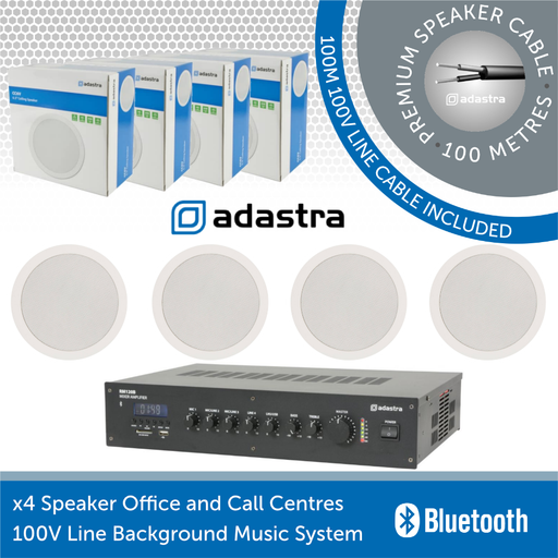 Adastra 4 Speaker Background Music System for Offices and Call Centres - White Ceiling Speakers (6.5")