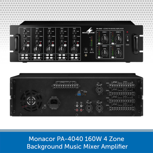 Monacor PA-4040 4-Zone 160W Mixer Amplifier - 100V Line and 4/8 ohm