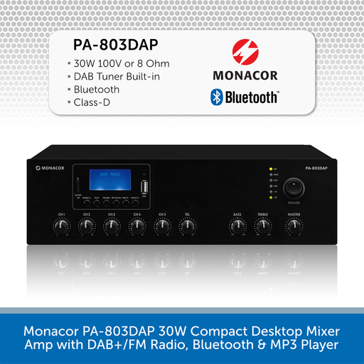 Monacor PA-803DAP 30W Compact Desktop Mixer Amp with DAB+/FM Radio, Bluetooth & MP3 Player