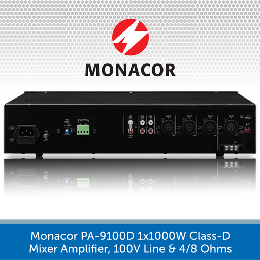 Monacor PA-9100D 1x1000W Class-D Mixer Amplifier, 100V Line & 4/8 Ohms