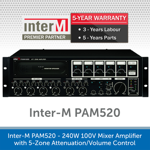 Inter-M PAM520 - 240W 100V Mixer Amplifier with 5-Zone Attenuation/Volume Control