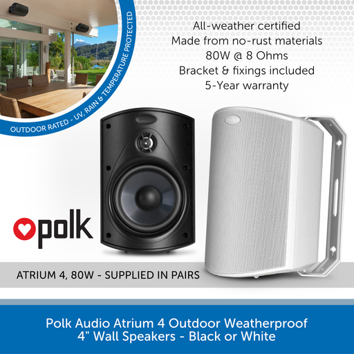 Polk Audio Atrium 4 Outdoor Weatherproof 4" Wall Speakers - Black or White