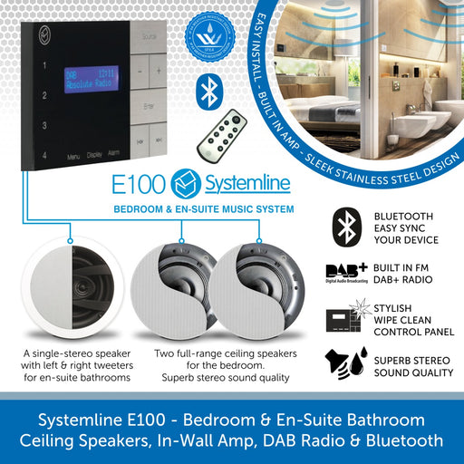 Systemline E100 - Bedroom & En-Suite Bathroom Ceiling Speakers, In-Wall Amp, DAB+ Radio & Bluetooth
