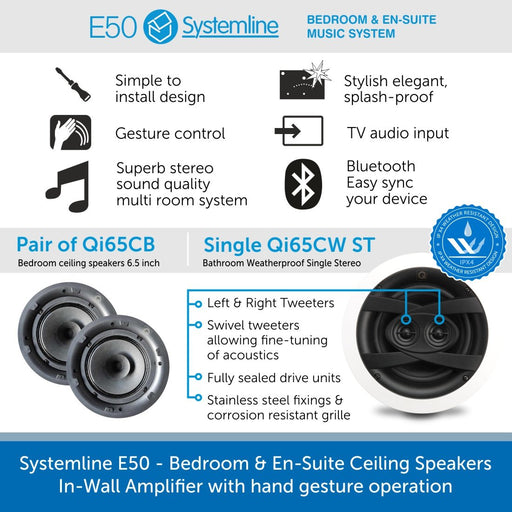 Systemline E50 - Bedroom & En-Suite Ceiling Speakers, In-Wall Amplifier & hand gesture operation