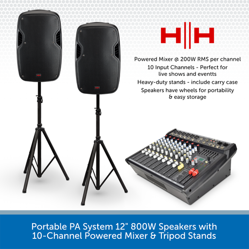 Portable PA System 12" 800W Speakers with 10-Channel Powered Mixer & Tripod Stands