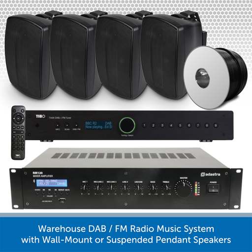Warehouse DAB / FM Radio Music System with Wall-Mount or Suspended Pendant Speakers
