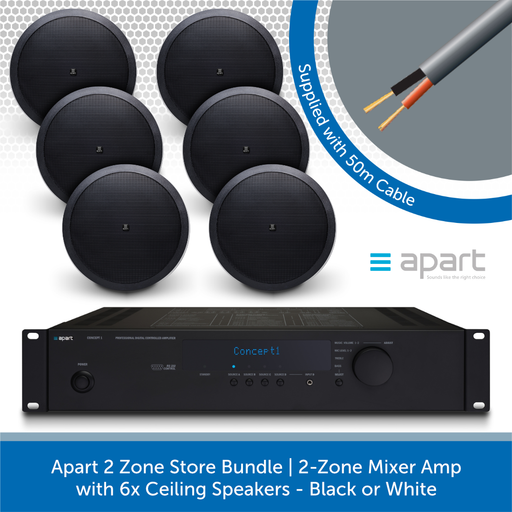 Apart 2 Zone Store Bundle 2-Zone Mixer Amp with 6x Ceiling Speakers BLACK