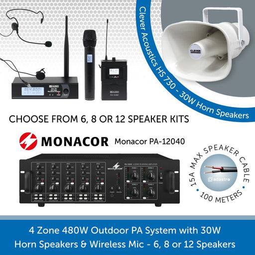 Multi-Zone Outdoor PA Speaker System with 30W Horn Speakers & Wireless Mic