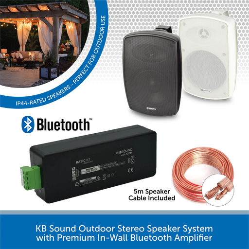 KB Sound Outdoor Stereo Speaker System with Premium In-Wall Bluetooth Amplifier