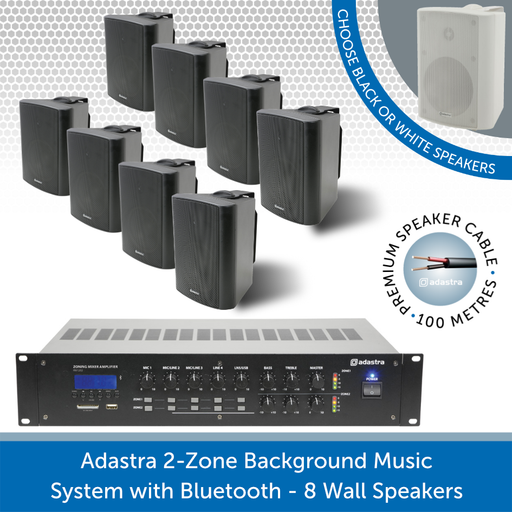 Adastra 2-Zone Background Music System with Bluetooth - 8 Black Wall Speakers