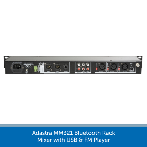 Showing the back of a Adastra MM321 Bluetooth Rack Mixer with USB & FM Player & multiple XLR / RCA inputs