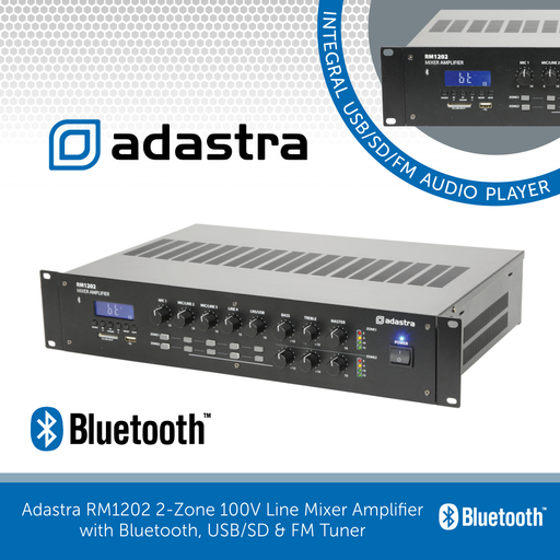 Adastra RM1202 2-Zone 100V Line Mixer Amplifier with Bluetooth, USB/SD & FM Tuner