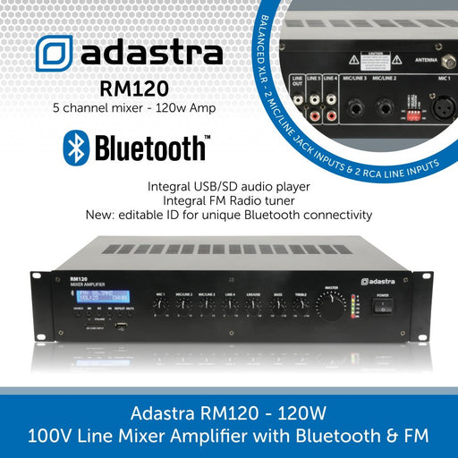 Adastra RM120 120W 100V Line Mixer Amplifier with Bluetooth & FM