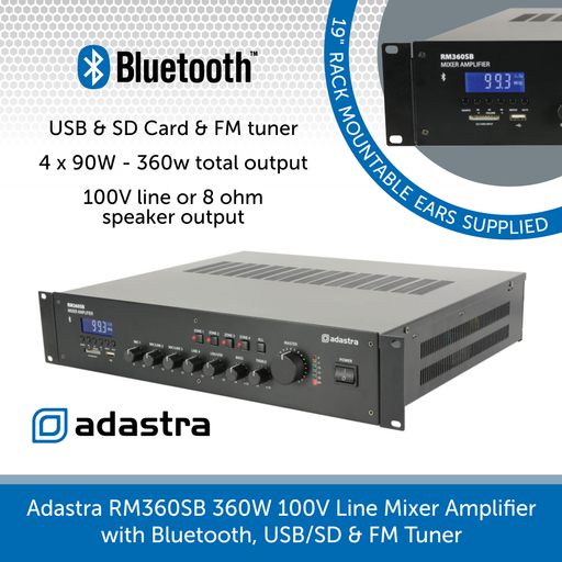 Adastra RM360SB 4 x 90W 100V Line Mixer Amplifier with Bluetooth, USB/SD & FM Tuner