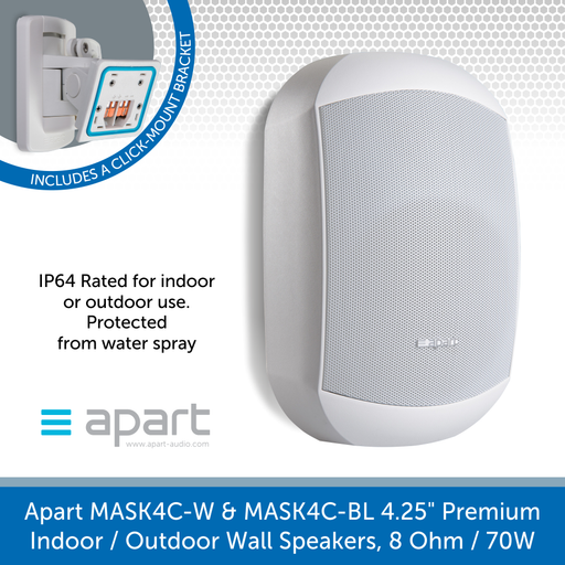 Also available in white, Apart Audio MASK4C-W & MASK4C-BL 4.25 inch, Premium Indoor or Outdoor Wall Speakers, 8 Ohm, 70W