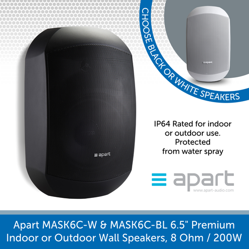 Apart Audio MASK6C-W & MASK6C-BL 6.5" Premium Indoor or Outdoor Wall Speakers, 8 Ohm / 200W