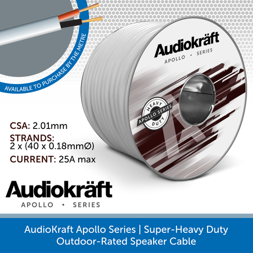 Heavy Duty Double Insulated 100V Line Speaker Cable, 2.01mm, 25-Amp - 100m (White or Black)