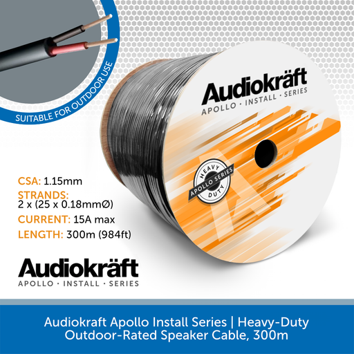 AudioKraft Apollo Install Series | 1.15mm 2-Core Indoor/Outdoor Speaker Cable, 300m Drum, Black