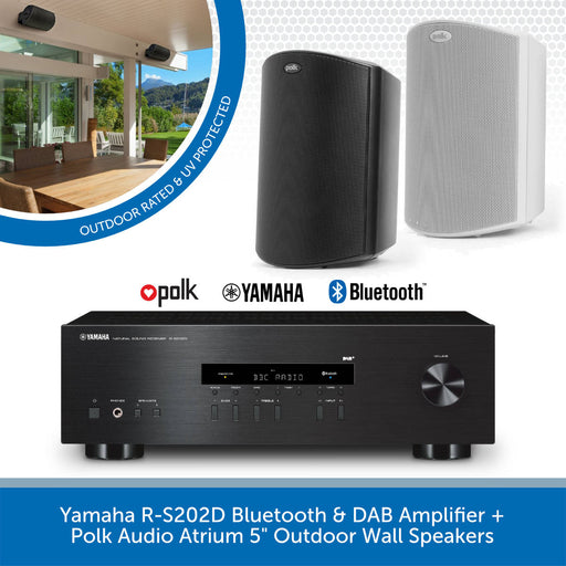 Yamaha R-S202D Bluetooth & DAB Amplifier + Polk Audio Atrium 5" Outdoor Weatherproof Wall Speakers + Clarion Speaker Cable