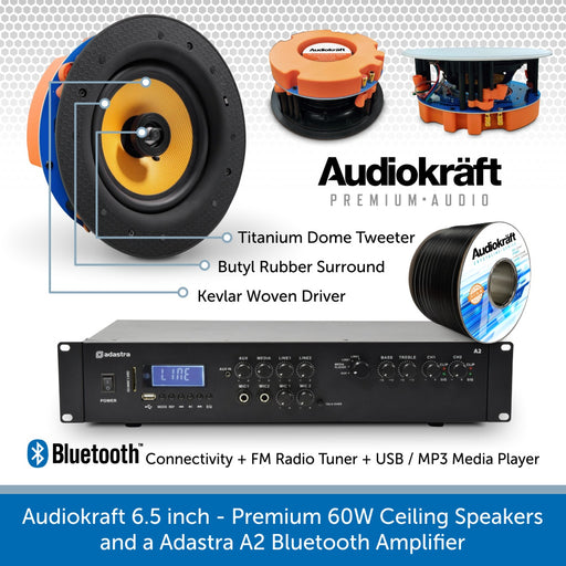 Audiokraft PCS-60 - Premium 60W Ceiling Speakers & Adastra A2 Bluetooth Amplifier