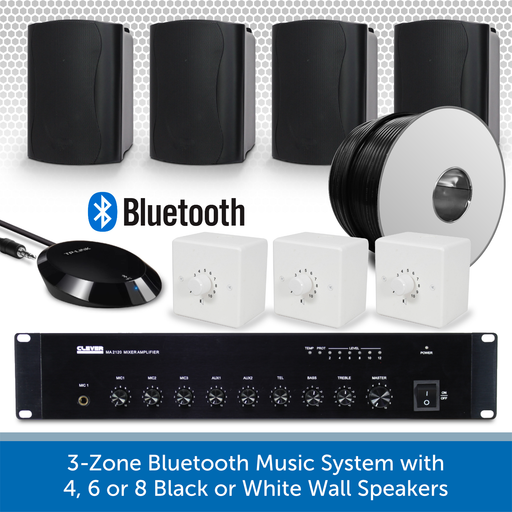 3-Zone Bluetooth & FM Music System with 4, 6 or 8 Black or White Wall Speakers